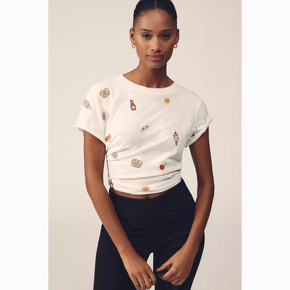 Maeve White Cropped Tee with Mini Snack Prints
